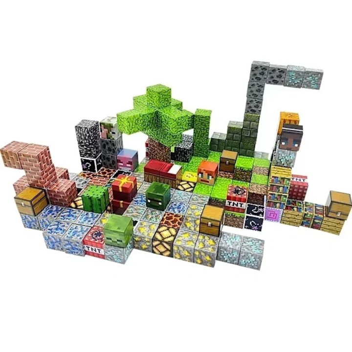 Комплект магнитни блокчета Minecraft, строителна играчка, със силни магнити, издръжливи части, многоцветен, 60 части