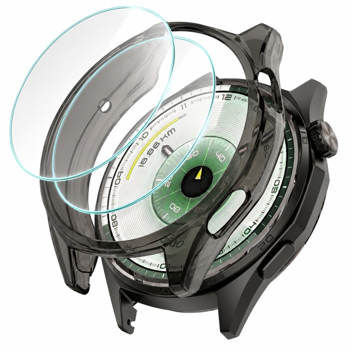 Szilikon tok szett füstfekete + 2 edzett üvegfólia Huawei Watch GT6 46 mm-hez, tok és képernyő védelem, üveg 40 mm