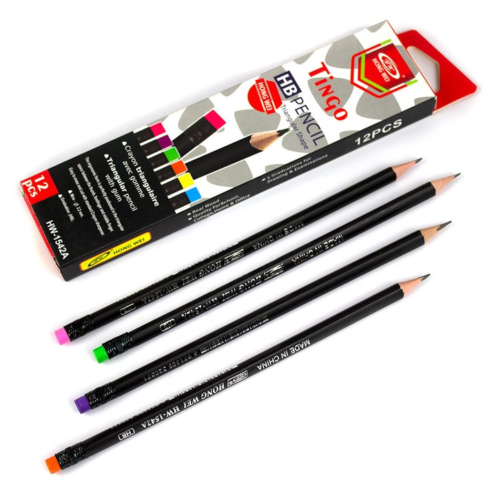 HB ceruza fából, fekete test neon radírral, vegyes színekben, hegyezett, háromszögletű forma, 12 db/szett