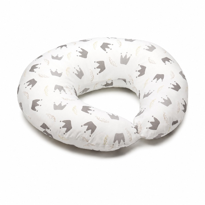 Perna Copii Suport Cap Si Gat, Perna Bebelusi Alaptare Si Calatorii, Bumbac Organic, Husa Detasabila Si Lavabila, Design Ergonomic, Dimensiune 23 X 30 Cm, Pentru Carucior, Scaun Auto, Masina Si Avion, Smart Gadgets C&A, Alb Cu Gri