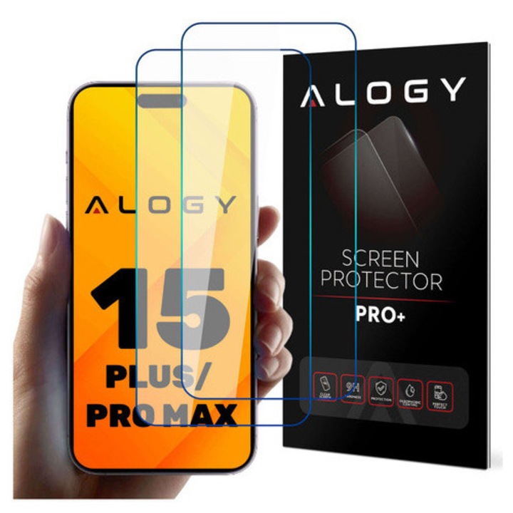 Sticla temperata Alogy Screen Protector PRO+, duritate 9H, compatibil cu iPhone 15 Plus/15 Pro Max/16 Plus, oleofobica si hidrofoba, margini 2,5D, Transparent, 2 bucati