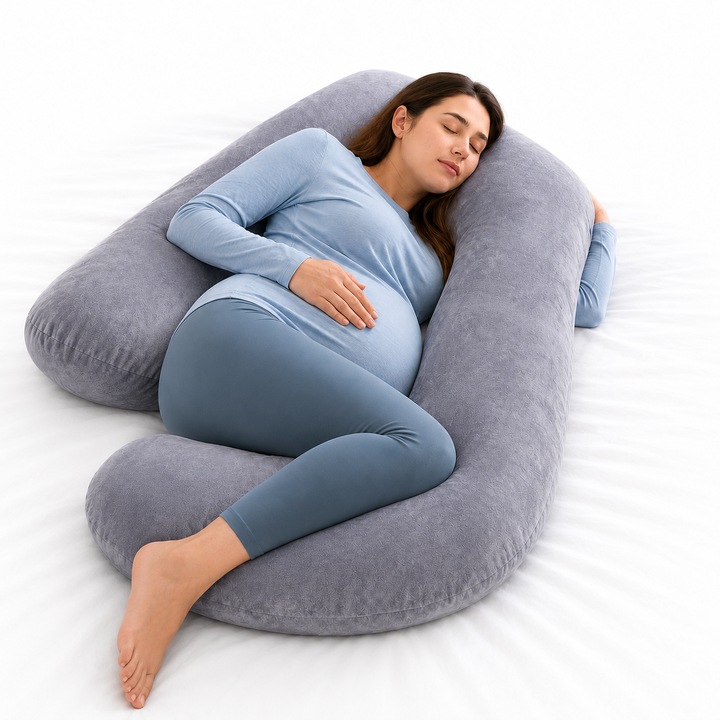 Perna Gravide Full Body, Perna Sarcina Pentru Somn Lateral Si Relaxare, Sprijin Cap Gat Spate Burtica Solduri Si Picioare, Husa Detasabila, Fermoar Discret, Material Moale, Umplutura Cu Revenire, 145 X 70 Cm, Smart Gadgets C&A, Gri