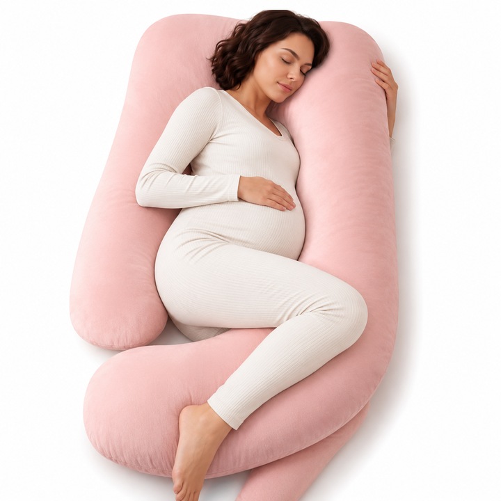 Perna Gravide Full Body, Perna Sarcina Pentru Somn Lateral Si Relaxare, Sprijin Cap Gat Spate Burtica Solduri Si Picioare, Husa Catifelata Detasabila, Fermoar, Umplutura Pufoasa Cu Revenire, 145 X 70 Cm, Smart Gadgets C&A, Roz