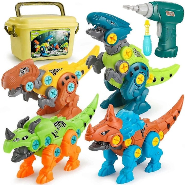 Dinoszaurusz építőjáték készlet, 5 darabos, tárolódobozzal, elektromos fúróval, többszínű, 3+ év