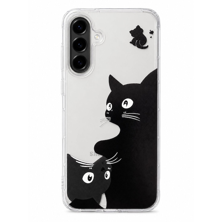 Ütésálló védőtok, Matt-tech, Átlátszó, Fekete-fehér macska design, Samsung Galaxy A56 5G telefonhoz