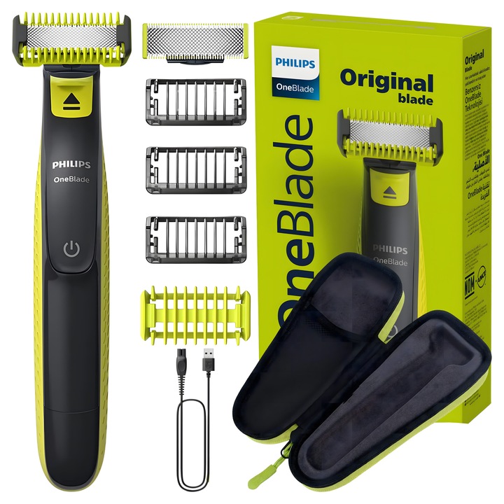 Set, aparat de ras hibrid Philips OneBlade QP2824/10, fata si corp, 2 lame originale, 5 accesorii, Wet & Dry, autonomie 45 min, incarcare USB-A, etui de calatorie care nu este marca Philips