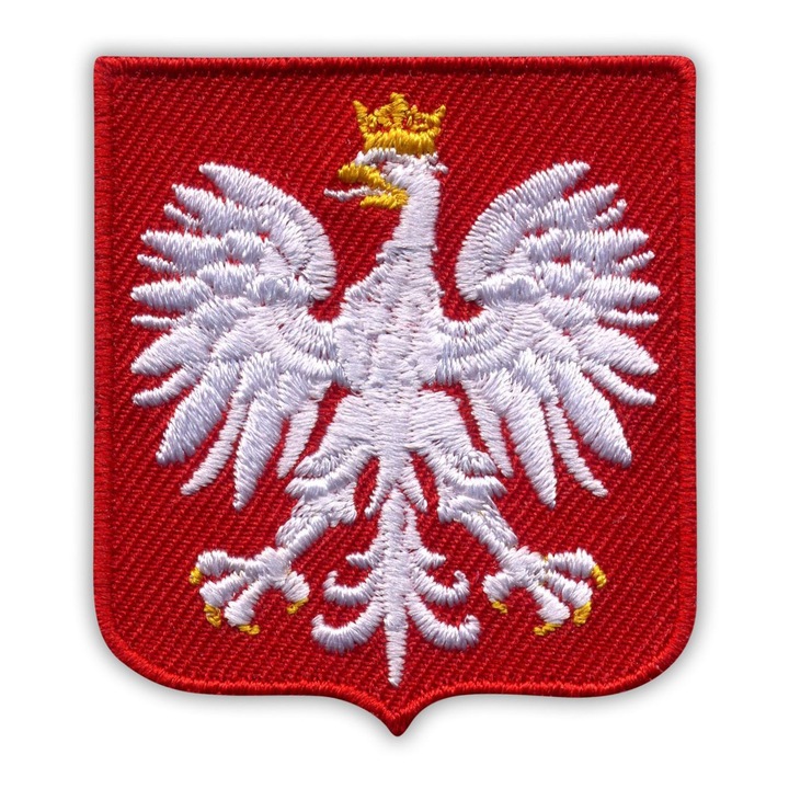 Hímzett textil felvarró/patch Lengyelország címerével (fehér sas piros alapon), kicsi, sokszínű, 5 x 4.3 cm