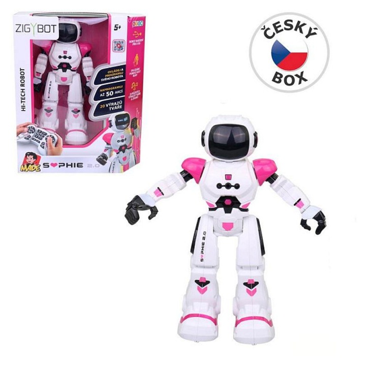 MaDe Zigybot Sophie interaktív robot, LED fényekkel és hangeffektekkel, 4 hangulati állapot, IR távirányítóval, fehér/rózsaszín, 27 cm, 1 db