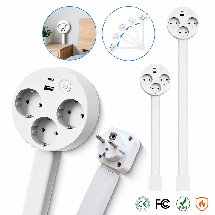 22-34 hüvelykes kihúzható elosztó, állítható elektromos hosszabbító 2 AC aljzattal, USB-A és USB-C porttal, 180°-os forgatás, fúrás nélküli rögzítés, ideális irodába, otthonra és nehezen hozzáférhető aljzatokhoz