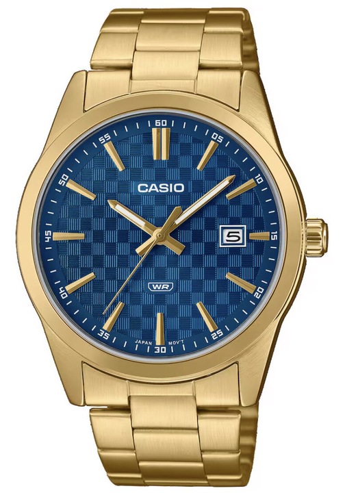 Férfi karóra Casio MTP-VD03G-2A, arany színű tok, kék számlap, rozsdamentes acél szíj, díszdobozzal