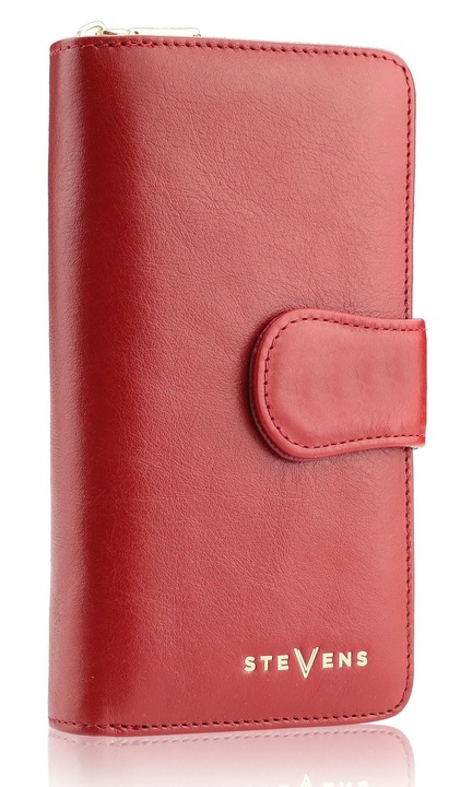 Portofel dama STEVENS, Piele naturala, Protectie RFID, model vertical, Rosu, 17 x 9 cm