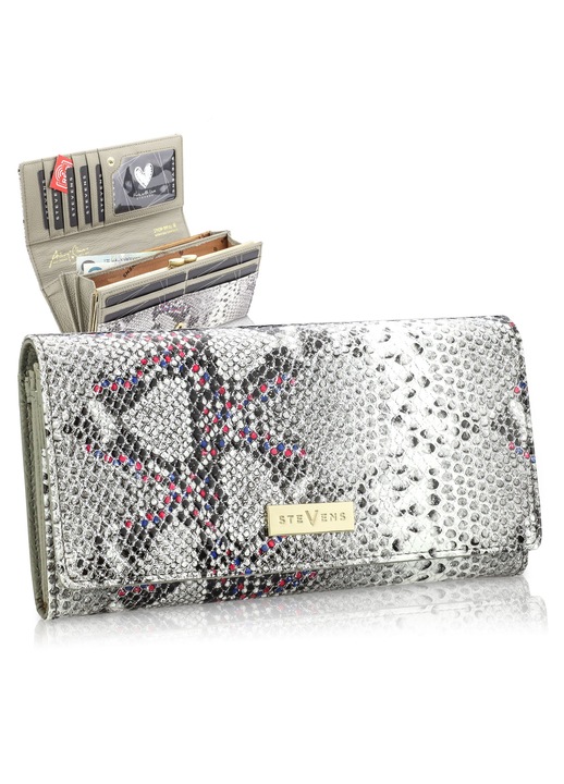 Portofel dama STEVENS, Piele naturala, Protectie RFID, model orizontal, Gri Roz, 18, 5 x 10 cm
