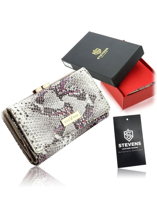 Portofel dama STEVENS, piele naturala, Protectie RFID, model orizontal, Gri/Roz, 14, 5 x 8, 5 cm