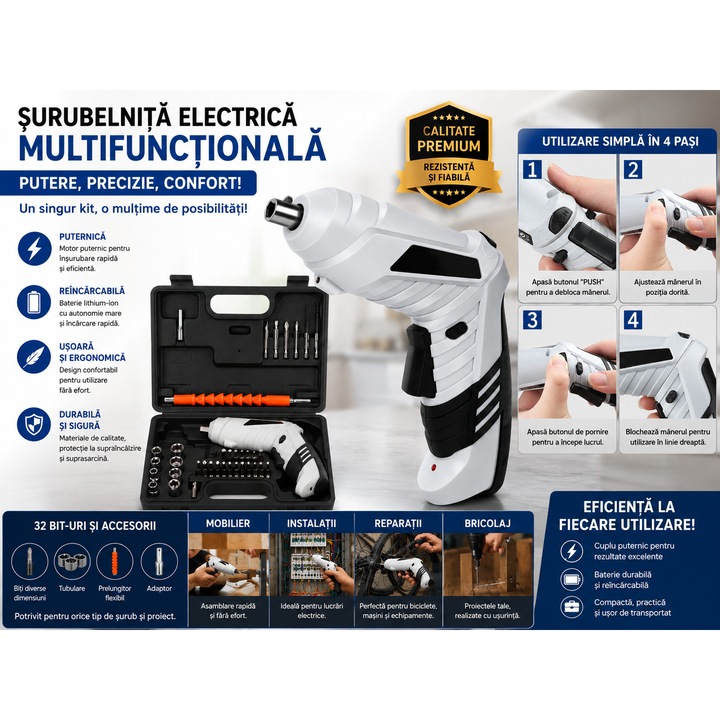 Surubelnita Electrica cu Acumulator 1300 mAh, 47 Accesorii, 5 Nm, 200 RPM, LED, Valiza Transport, Multicolor
