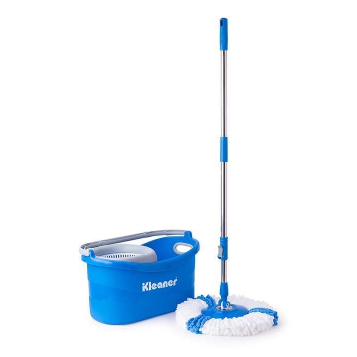 Set curatenie Kleaner Tornado, galeata cu storcator circular si mop rotativ 360 grade, maner telescopic inox, rezerva microfibra, Albastru