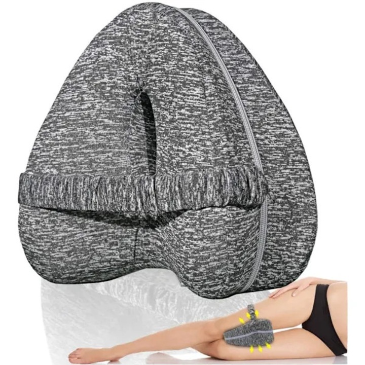 Perna ortopedica pentru genunchi, perna in forma de inima din memory foam, cu suport si separator pentru picioare, husa respirabila lavabila cu fermoar, curea elastica reglabila, Gri