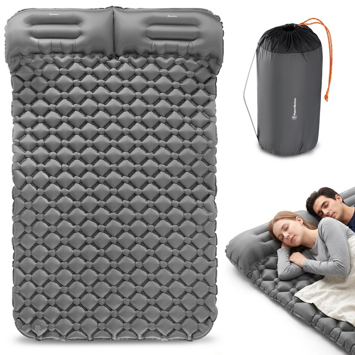 HyperMotion Campmat dupla felfújható kemping matrac 190x120 cm, 940 g, 2 beépített párna, Nylon Ripstop TPU, szürke