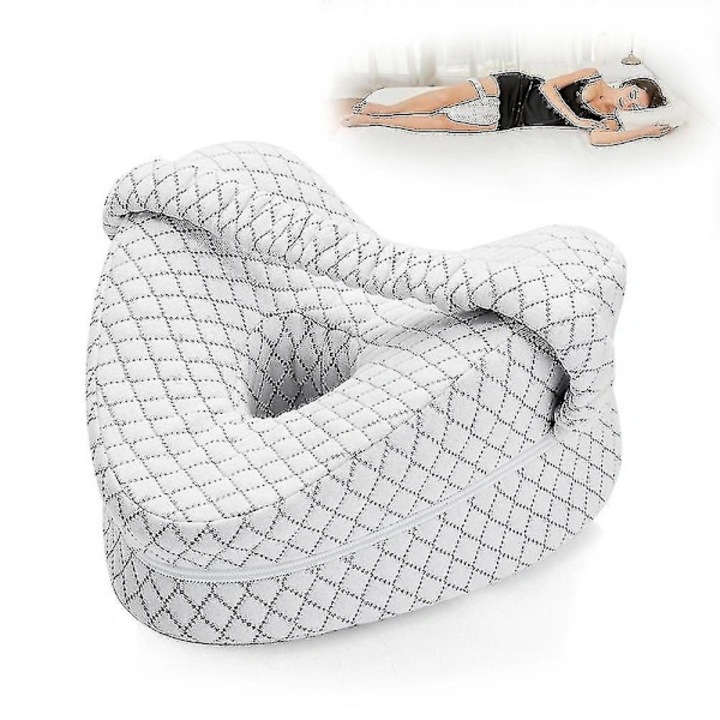 Perna ortopedica BM67-1 in forma de inima pentru somn si sustinere pentru genunchi, memory foam, husa bumbac-poliester, cu curea, Alb, 1 buc