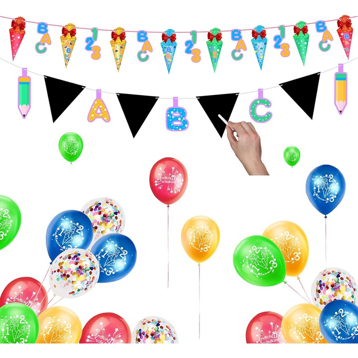 Dekoratív iskolai lufi és banner szett, többszínű, 30cm