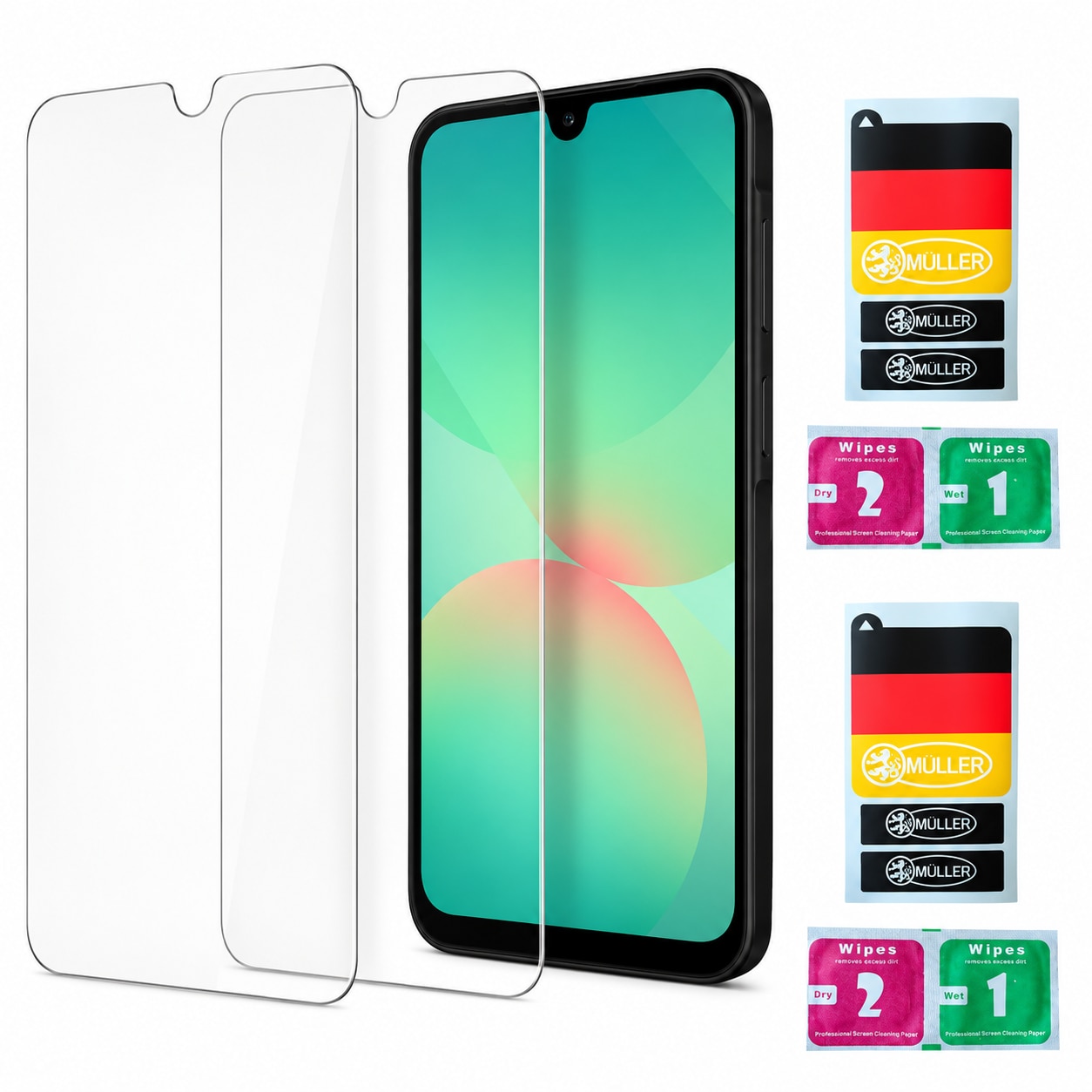 Set 2 Folii Sticla Müller® Transparente, Tempered Glass, pentru Samsung Galaxy A16, include Set Curatare si 3 Stickere Müller® pentru Indepartare Praf Display/ Ecran din Sticla