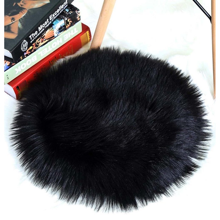 Husa rotunda din blana artificiala din piele de oaie, perna de scaun, covoare super moi pentru living si canapea din dormitor (1, 3ft x 1, 3ft, negru)