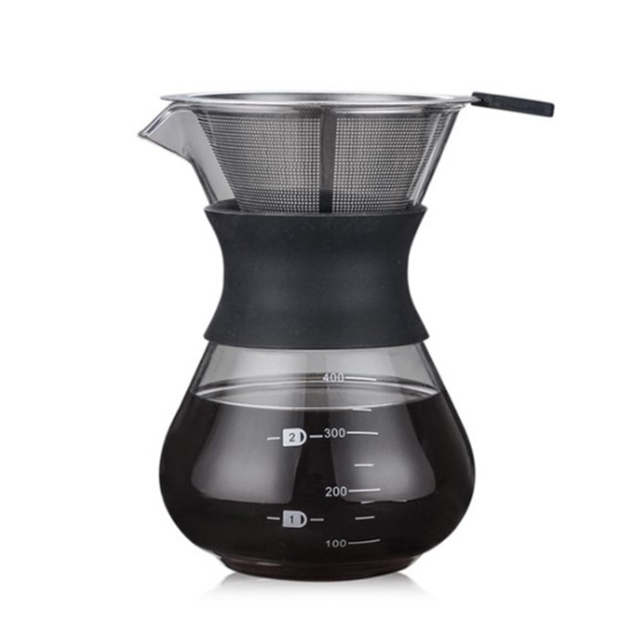 Filtru pour-over pentru cafea, dripper reutilizabil din otel inoxidabil cu filtru micro-mesh fara hartie, carafa din sticla groasa cu banda siliconata, negru/transparent, 400 ml