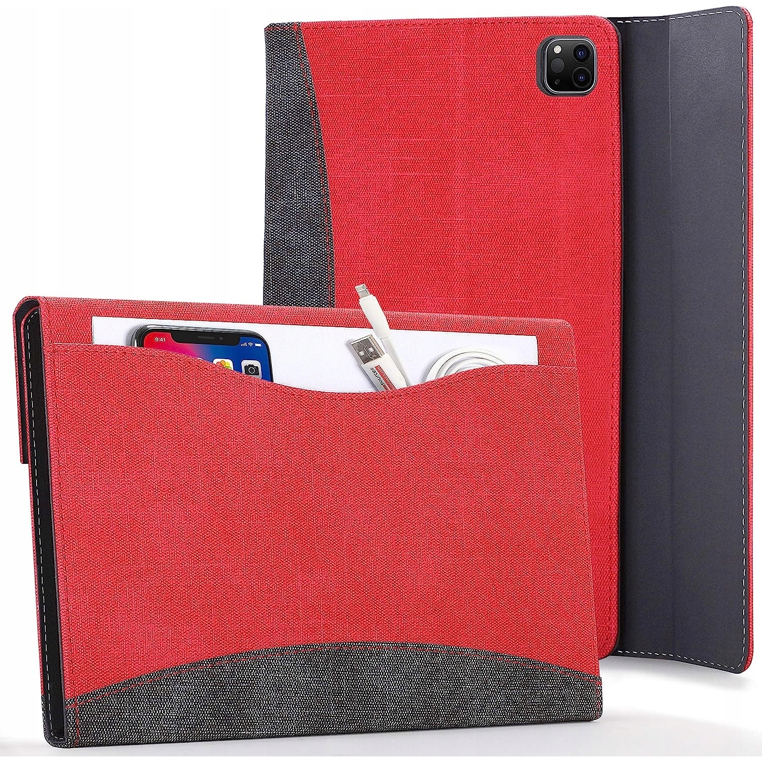 Etui pentru iPad Pro 11 (3/4 gen) si iPad Air (4/5 gen), textil, compatibil cu modelele A2759/A2761/A2435/A2377/A2459/A2301/A2588/A2589/A2591/A2324/A2072/A2325/A2316, cu buzunar pentru accesorii si inchidere, Rosu, 1 buc