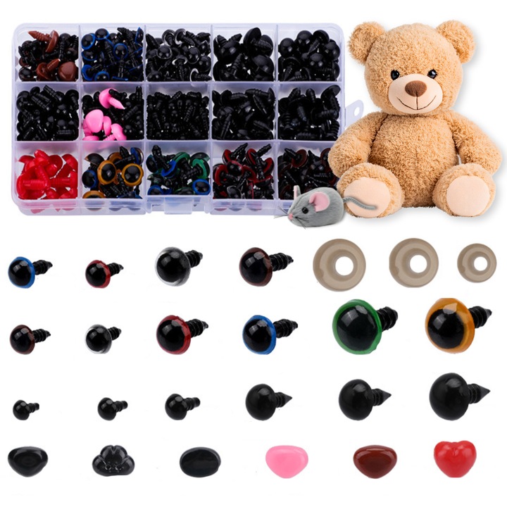 Set ochi si nasuri pentru jucarii de plus Artmaker, 672 piese din plastic cu sisteme de fixare, multicolor, 5-15 mm