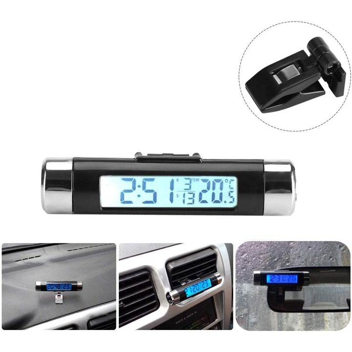 Ceas digital auto termometru 3in1 albastru 7x4cm
