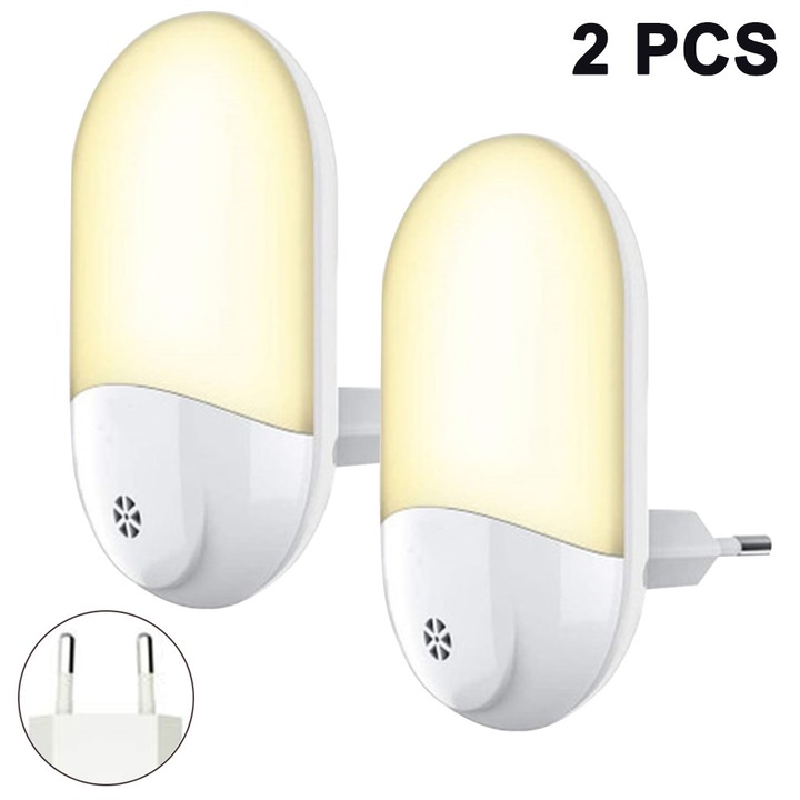 Set 2 lampi de veghe cu senzor crepuscular, alb cald, 0.7W, 2 LED, alb