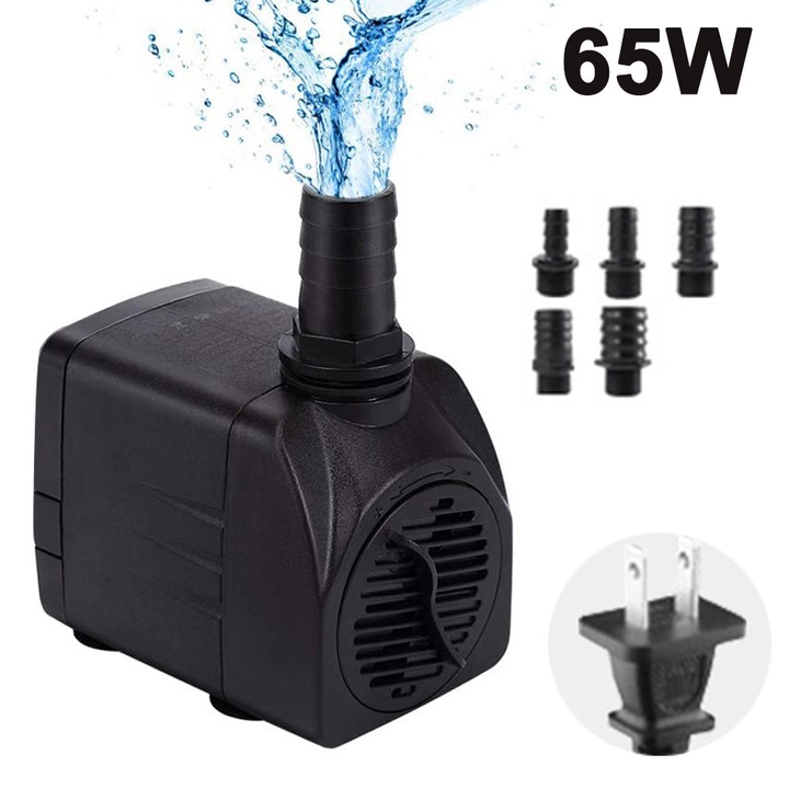 Pompa submersibila, pompa pentru acvariu si fantana, 65W, ultra-silentioasa, cu 3 duze interschimbabile si reglaj de debit, cu cablu de alimentare 5ft (1,5 m), Negru, 1 buc