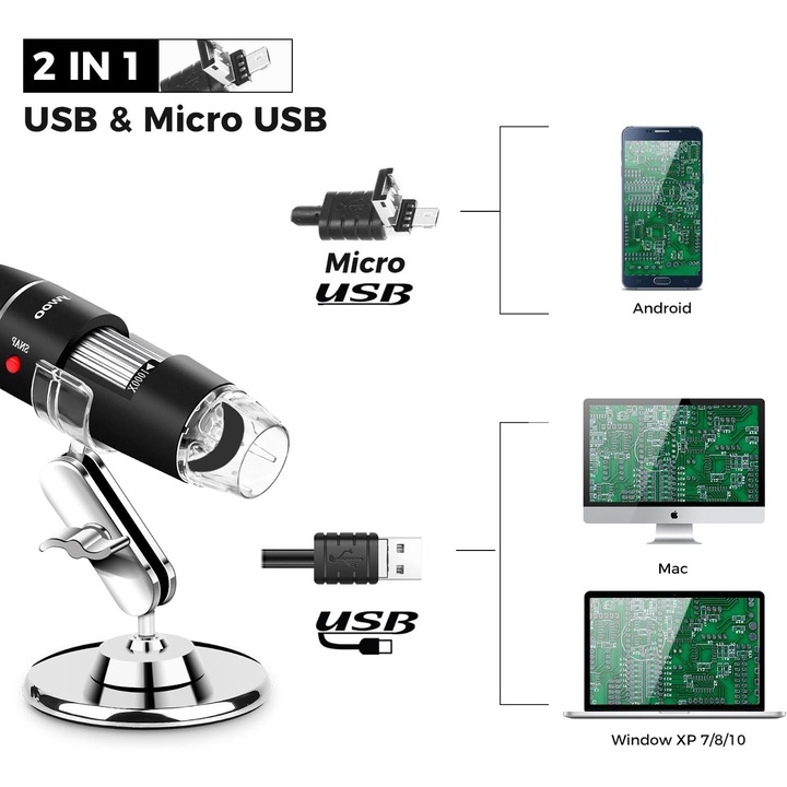 USB digitális mikroszkóp, 40-1000x, 8 LED, fém állvány, OTG adapter, fekete