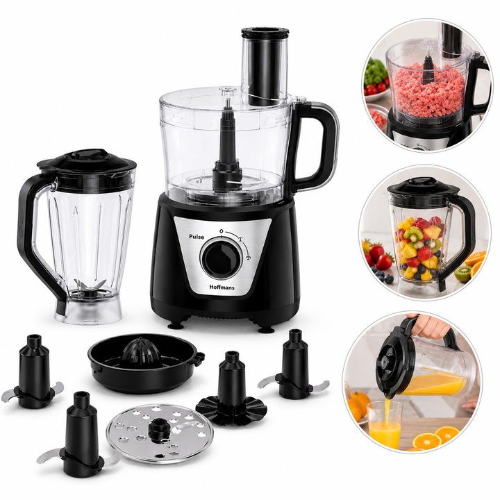 Robot de bucatarie 8 in 1 Hoffmans 1000W, Blender 1.5L l Tocator si Food Processor 5 l, Negru