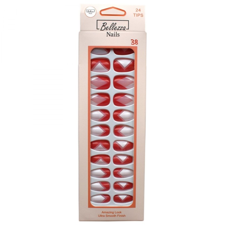 Bellezza Nails, Tipsuri pentru unghii din plastic, aplicare rapida in 15 minute, cu model 38, rosu/alb, 24 buc