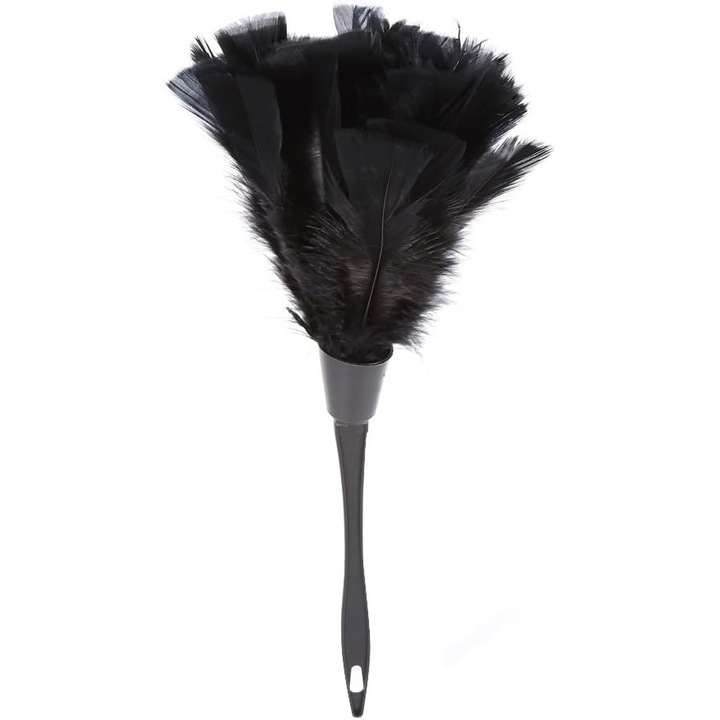 Perie de praf cu pene turcesti, maner negru, usoara, durabila