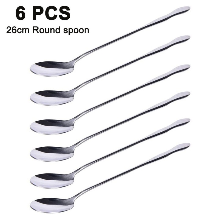 Set 6 bucati, linguri lungi pentru cocktail din otel inoxidabil 410, 26 cm, finisaj lucios oglinda, rezistente la masina de spalat, argintiu