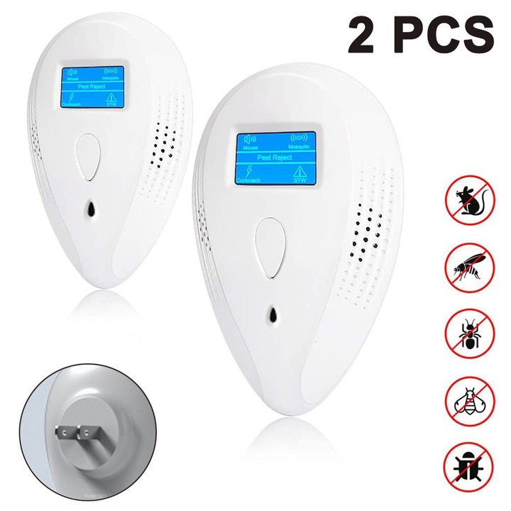 Set 2 repelente ultrasonice, reglabil, triplu val, alb, 80mp