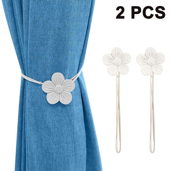 Set 2 bucati, Cleme magnetice pentru draperii din rasina, design floare camellia retro, magnet puternic, Alb