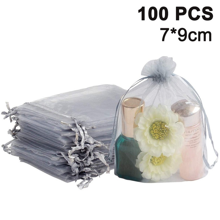 Set 100 saculeti organza transparenti, 7x9cm si 10x15cm, snur satin, multicolor