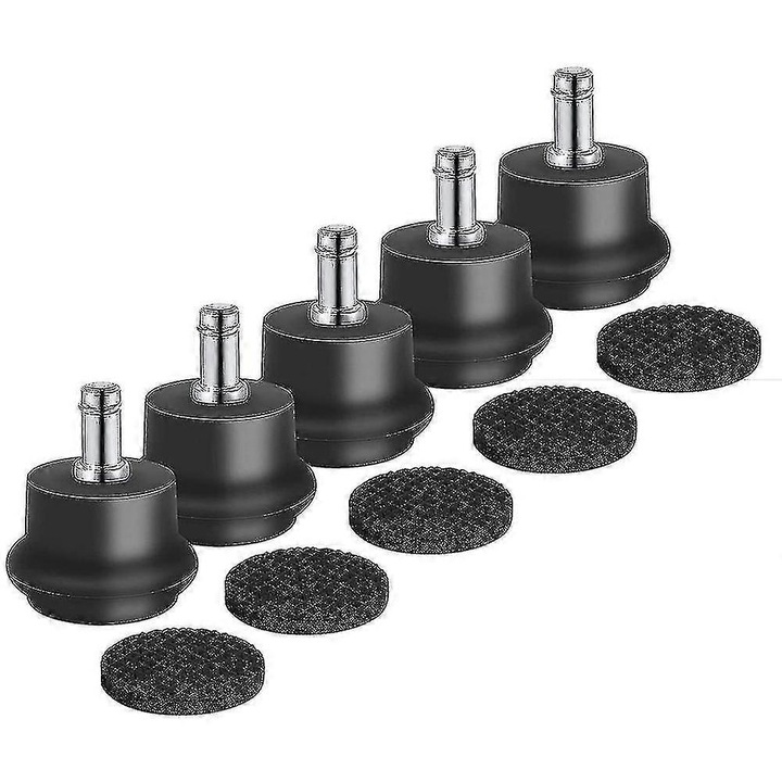 Set 5 bucati, Picioare fixe pentru scaun de birou, inlocuitori pentru rotite, din nylon, antiderapante si silentioase, cu paduri din spuma incluse, Negru, 5 bucati