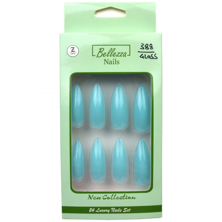 Bellezza Nails, set tipsuri pentru unghii lungi cu efect lucios - 24 bucati, turcoaz, marimi variate