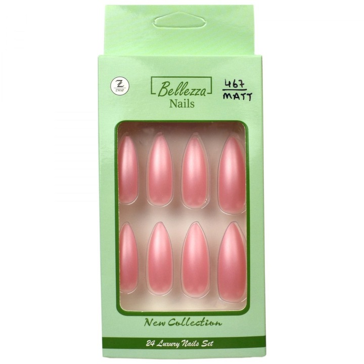 Bellezza Nails, tipsuri din plastic, unghii false lungi cu efect mat, Model 467, roz, set 24 buc, 3 cm