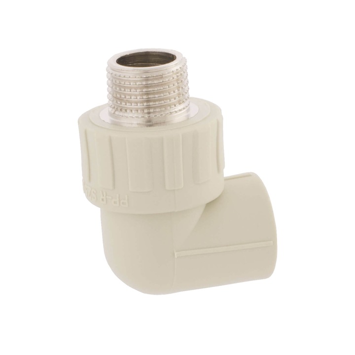 PP-R könyök 90° Idmar DN16×1/2 GZ (PPRZKGZ016X1/2.1010), kúpos külső menet R 1/2 (ISO 7-1), CW617N DZR sárgaréz betét, PP-R 3-as típusú test, üzemi nyomás 10 bar @ +60°C, Szürke, 1 db