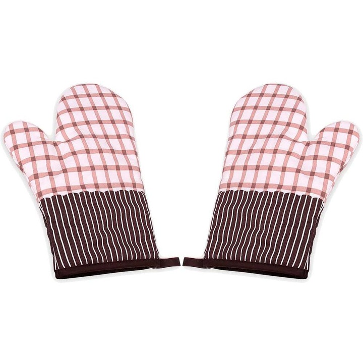 Manusi de cuptor si suporturi pentru vase, matlasate din bumbac, cu strat antialunecare din silicon pe ambele parti, roz/maro, 1 pereche