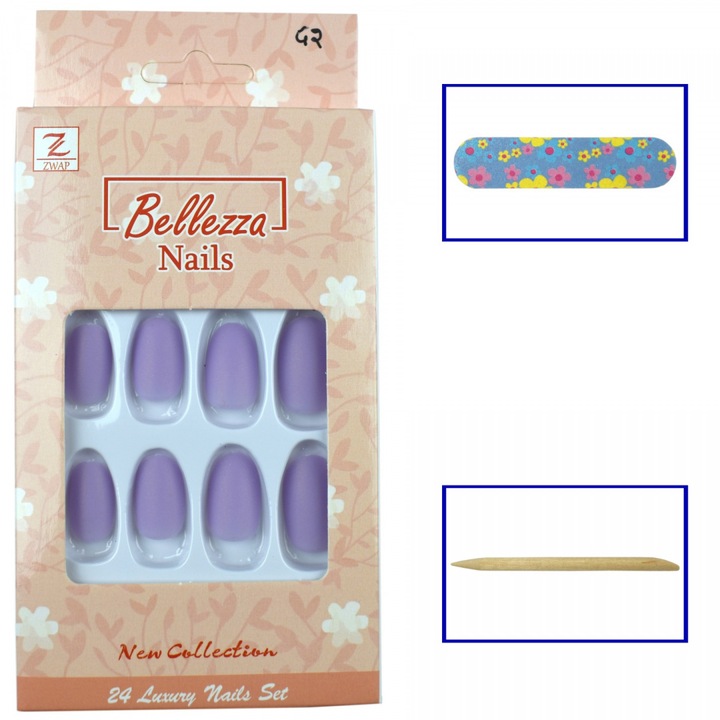 Bellezza Nails, Tipsuri pentru unghii din plastic ovale, set 24 buc cu pilnik si betisor, G2, Mov, Marime unica