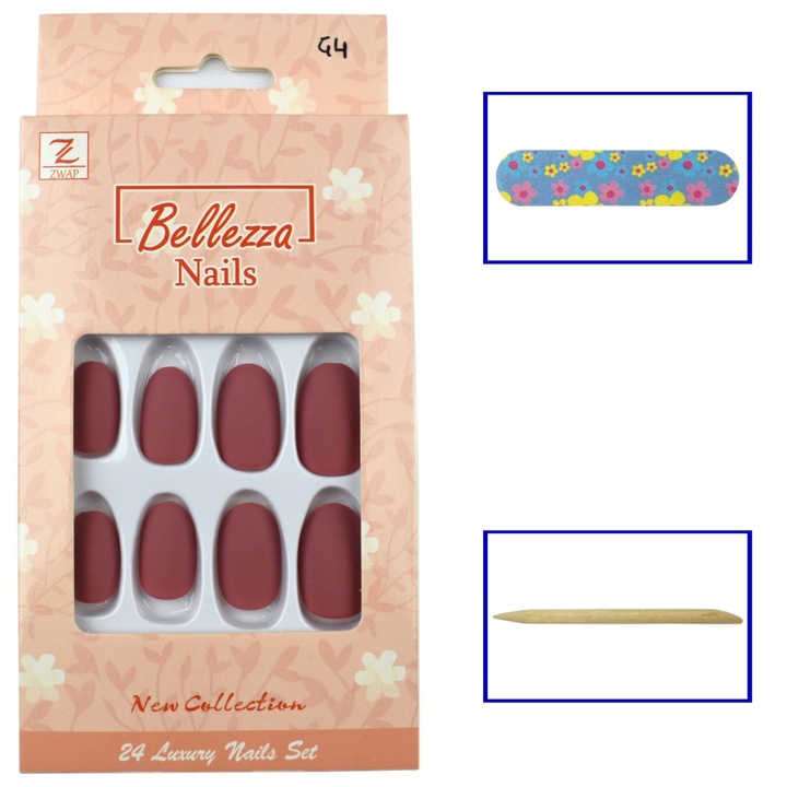 Bellezza Nails, Unghii false (tipsuri) din plastic, ovale, gata de aplicare in 15 minute, model G4, visiniu, 24 buc