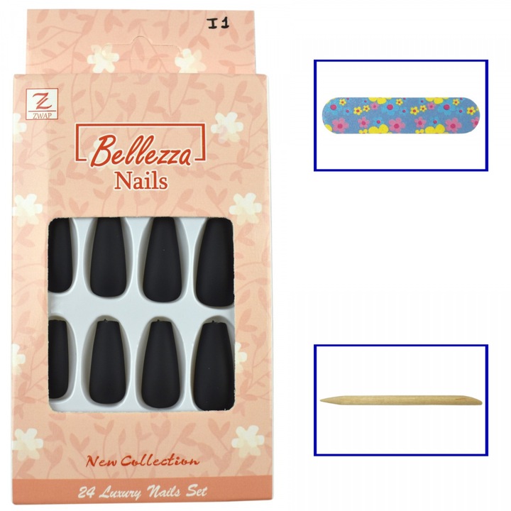 Set unghii false Bellezza Nails Ballerina mat 24 buc cu pilnik si betisor lemn