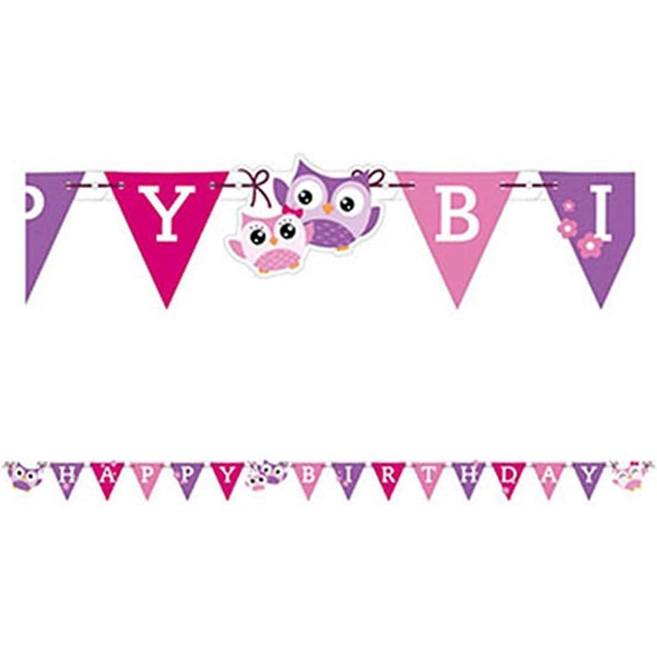 Декоративен банер Happy Birthday с пастелни бухалчета, розов, 1.5м