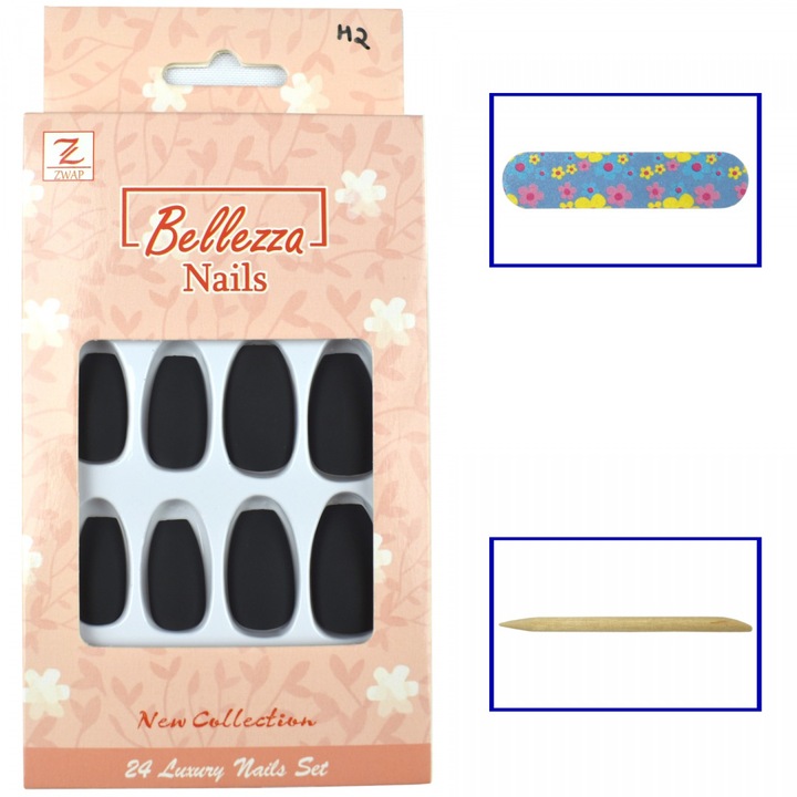 Set 24 unghii false Bellezza Nails, Balerina, alb, 2cm, cu pilnic si betisor