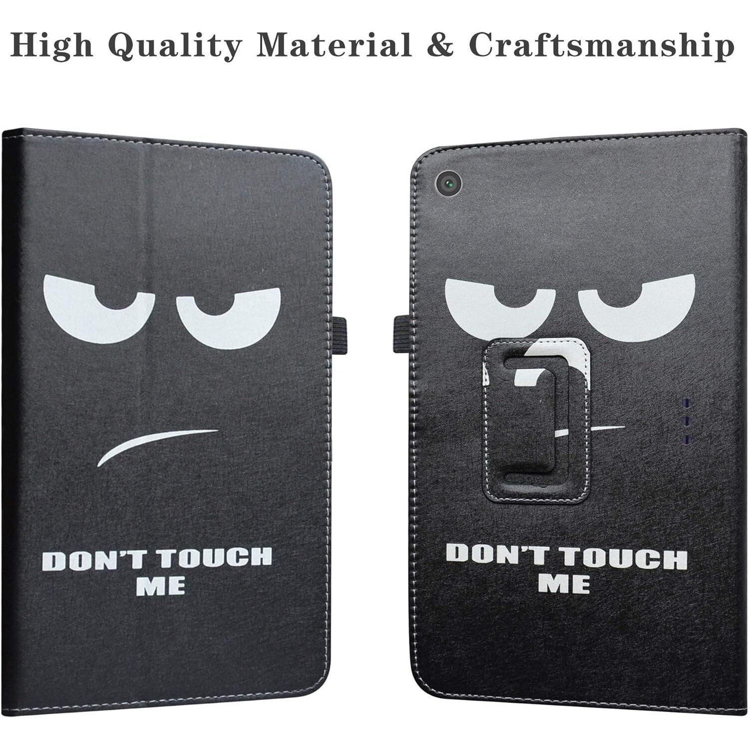 Husa/etui tableta din piele ecologica, cu clapeta, suport stand si imprimeu 'Nu ma atinge' (model ochi), compatibila cu Alcatel 1T 8082 10" WiFi, Negru, 25,5 x 15,5 x 0,94 cm